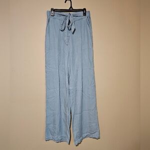 Thread+Supply Blue Chambray Wide Leg Pull On Pants Belted Pockets Size Medium